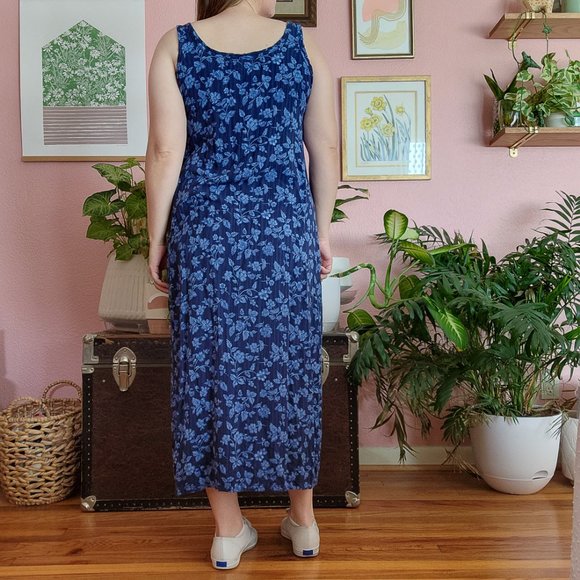 Vintage 90s Faded Glory Blue Floral Rayon Midi Tank Dress Size L - Picture 4 of 16